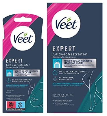 Veet Expert 40 Kaltwachsstreifen Körper & Beine + 20 Kaltwachsstreifen Gesicht zur Haarentfernung für alle Hauttypen inkl. sensibler Haut