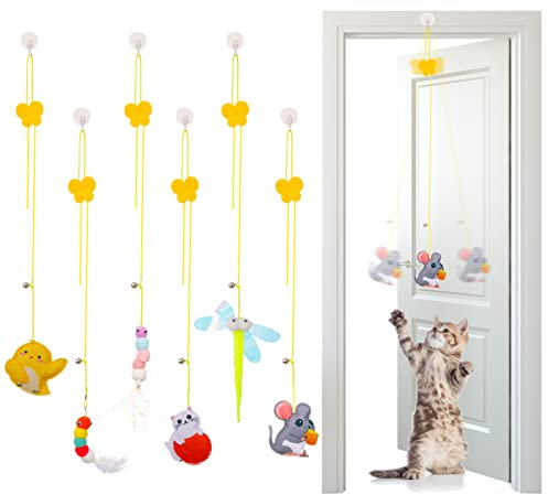 Fanshiontide 6 Pcs Door Hanging Cat Toys - Animal Feather Teaser & Jumpy Felt Toys for Indoor Cat Hunting & Exercising