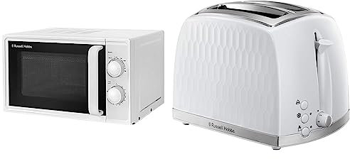 Russell Hobbs Textures 17 Litre White Manual Microwave, RHM1725 & 26060 2 Slice Toaster - Contemporary Honeycomb Design with Extra Wide Slots and High Lift Feature, White
