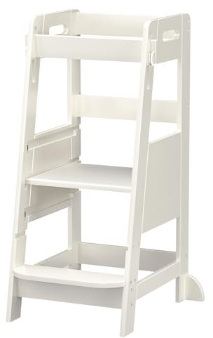 TOETOL Bambus-Tritthocker für Kleinkinder, 3 höhenverstellbare Küchentheke, Steh- und Badezimmerwaschbeckenturm, Helferhocker für Kinder mit Anti-Rutsch-Schutz (Elfenbeinweiß)