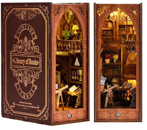 Ulikey Book Nook Kit, Miniatur Haus, DIY Miniature House Puppenhäuser Set 3D Puzzle Buchständer aus Holz mit LED Lampe und Anweisungen für Bücherregal Deko und Kreativen Geschenken (Bibliothek)