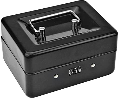 Seprendi Robuste Münzbox aus Metall mit verschließbarer Ablage – kleine Münzbox mit Zahlenschloss, 15 x 12 x 7,7 cm, Schwarz