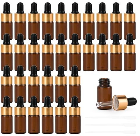 30pcs 3ml Amber Glass Dropper Bottles,Empty Mini Bottles with 3pcs Dropper Pipettes,Refillable Small Sample Vials Container for Essential Oils Perfume Cosmetic Liquid