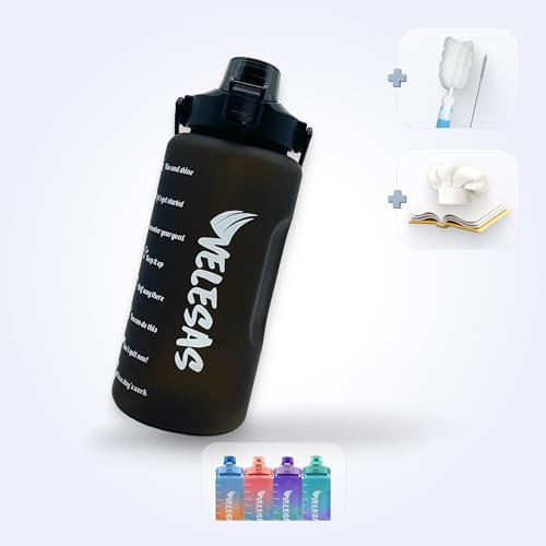 Velesas® 2l Wasserflasche mit motivierender Zeitmarkierung | Trinkflasche aus Tritan mit Strohhalm | Sportflasche für Schule, Job, Fitnessstudio, Büro, Fahhrad, Wandern (Schwarz, 2000ml)
