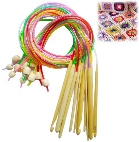SSyang 12 Stück Bunte Tunesische Häkelnadel Afghan Häkelnadeln Häkelhaken Set, 3-10mm Häkeln Stricken Nadeln Kit Bambus Nadel Tunesische Kunststoff Häkelnadeln Mit Seil Für Weaving Pullover Schals