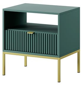 BETTSO - Nova S-54 - Nachttisch - Beistelltisch - Schubladenschrank - Nachtschrank - mit hohen Metallbeinen - Geriffelt - Schlafzimmer - Modern, Glamour - Grün - mit goldenen Griffen