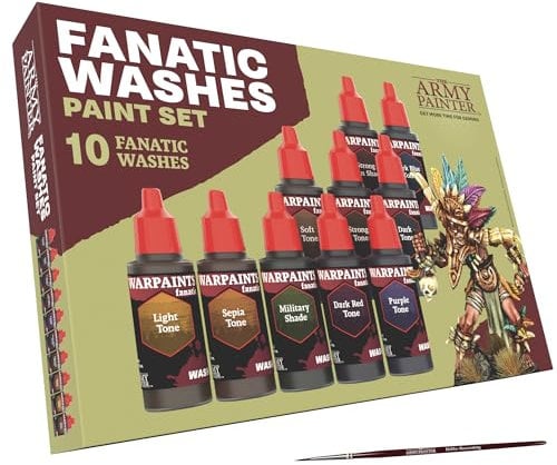 The Army Painter Warpaints Fanatic: Washes Set Combo, Conjunto de 10 Pinturas Acrílicas en Botellas con Gotero de 18ml para Lavar y Sombrear Modelos en Miniatura, Más 1 Pincel para Imprimación Gratis