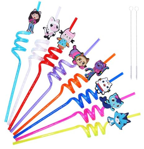 Strohhalm Kinder, 8 Stück Strohhalme Kindergeburtstag, Bunte Trinkhalme Plastik, Straws Wiederverwendbar, Plastikstrohhalme mit Strohbürste als Partyzubehör für Geburtstag Kinder (Mädchen und Katzen)