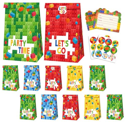 FINEASY 12 PCS Gaming Party Bag with 12 Greeting Cards and 2 Stickers, Party Bag Fillers for Kids, Small Paper Gift Bags for Kids, Kraft Paper Bags, Gaming Party Bags for Kids Game Party Birthday