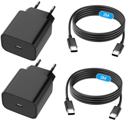 25W Chargeur USB C Secteur Charge Rapide pour Samsung Galaxy S24/S23/S22/S21 Ultra/S20/S20+/Note 20/10/9/8/A73/A53/A52/S10/S9 et 2M Câble (Câble TPE-2M-2Pack)
