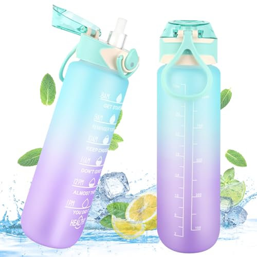 MXTIMWAN Borraccia Sportiva 1L con Cannuccia e Indicatore del Tempo Motivazionale, a Prova di Perdite Senza BPA, Borraccia Plastica, Borraccia Palestra per Yoga, Corsa, Bicicletta, Campeggio