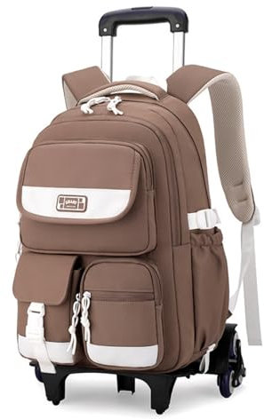 IvyH Schulrucksäcke Trolley für Teenager Rucksack mit Rollen, Schulranzen mit 6 Räder für Mädchen Jungen, Abnehmbar Trolley Schultaschen für Grund- und Sekundarschüler, 27L -Braun
