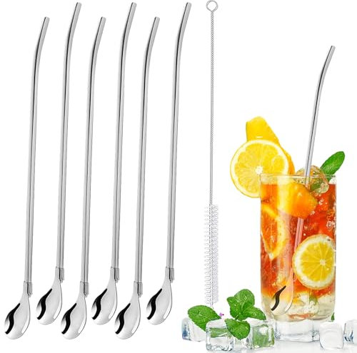 Trinkhalmlöffel,6 Stück Edelstahl Strohhalme Löffel Wiederverwendbare Metallstrohhalm mit Langer Reinigungsbürste Edelstahl Cocktail Löffel für Kaffee,Milk,Juice(Silber)