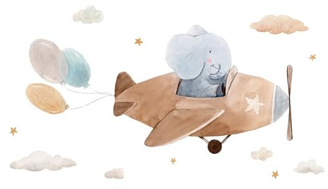 duoyif Wandtattoo Kinderzimmer, Boho Wandaufkleber, Deco Kinderzimmer Wandsticker Wanddeko Für Mädchen Jungen Kinderzimmer Babyzimmer Schlafzimmer Wohnzimmer (Braun Elefant Flugzeug A)