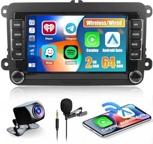 2+64GB Android Autoradio mit Navi für VW Golf 5 6 Polo Skoda Passat Radio, Wireless Carplay Android Auto, 7 Zoll Touch Display Radio mit Bildschirm GPS WiFi Bluetooth FM Rückfahrkamera