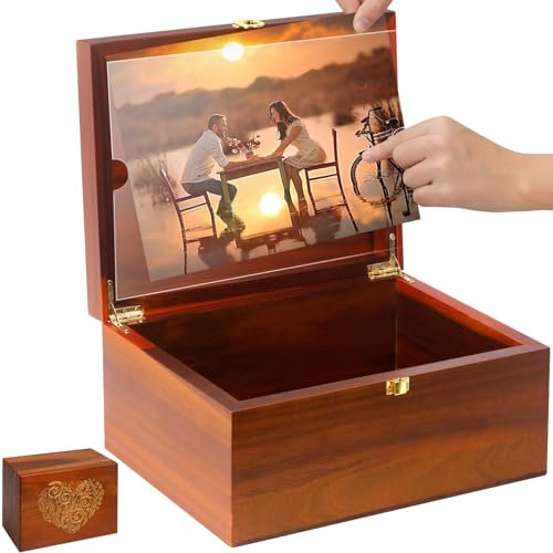 Large Wooden Keepsake Box with Hinged Lid and Photo Frame - Elegant Wedding Memory Box, Ideal for Photos, Letters, Time Capsules, Bride Gift, Love Box, Decorative Storage,5.5“*8.6”*11.3“