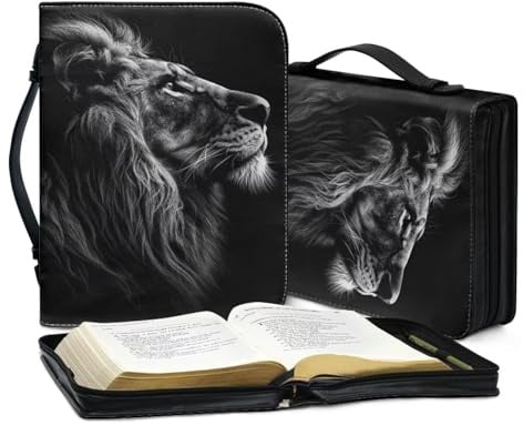 Lotusorchid - Custodia per Bibbia con Stampa Leone, in Ecopelle, Borsa Porta Bibbia con Cerniera per Uomini, Borsa da Trasporto per Donne e Ragazze, Accessori per Studio Biblico Cristiano, Nero, M