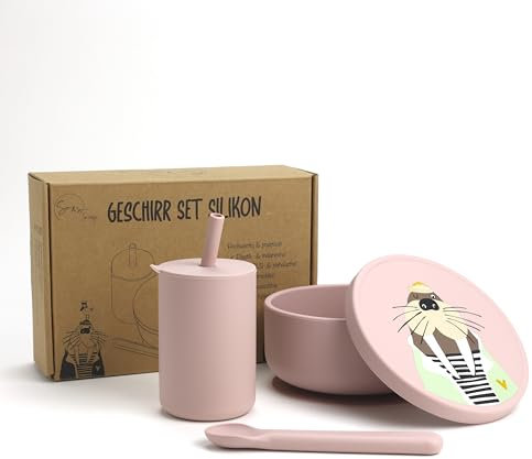 So&So Set de vaisselle en silicone pour enfants, bol avec ventouse antidérapante, couvercle et cuillère, gobelet avec couvercle et paille (licorne rose avec morse)