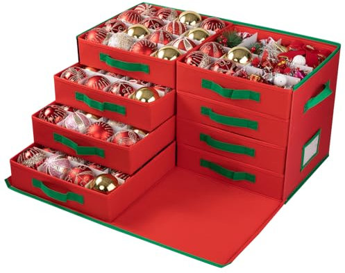 OIAHOMY Große Aufbewahrungsbox für Weihnachtsschmuck mit seitlicher Öffnung, für bis zu 128 Ornamente, 8 herausnehmbare Schubladen, Rot