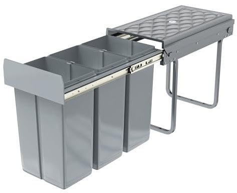FIVMEN Poubelle de cuisine encastrable, 3 compartiments, extensible, avec rails télescopiques, système de tri sélectif, gris, 3 x 10 l