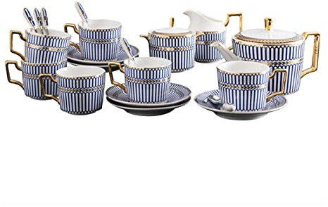ASumPio 15-Teiliges Teeservice Aus Porzellan, Kaffeetasse Und Untertasse, Blau Gestreiftes Teeservice Mit Teekanne, Zuckerdose, Sahnekännchen, Löffeln,
