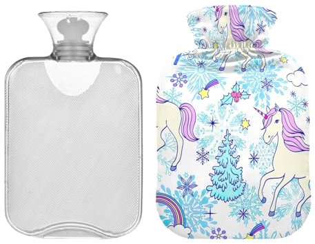 Bouillotte licorne de Noël bleue avec housse, 2 litres pour soulager la douleur, thérapie chaude