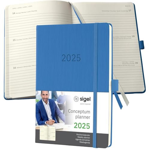 Wochenkalender Conceptum A5 2025 blau - SIGEL - 1 Woche auf 2 Seiten - Terminplaner Hardcover mit Stiftschlaufe, Quickpocket, Archivtasche, 2 Zeichenbänder und Stickerbogen - 14,8 cm x 21,3 cm