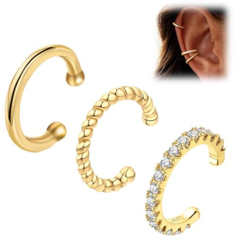 3 Stück Ear Cuff für Damen Ohrmanschette Ohrringe Fake Ohrringe, Hypoallergen Klein Creolen Schlafen Goldene Ohrringe, 14K Gold Earcuffs Fake Helix Knorpel Ohrringe Ohrklemme mit Geschenkbox
