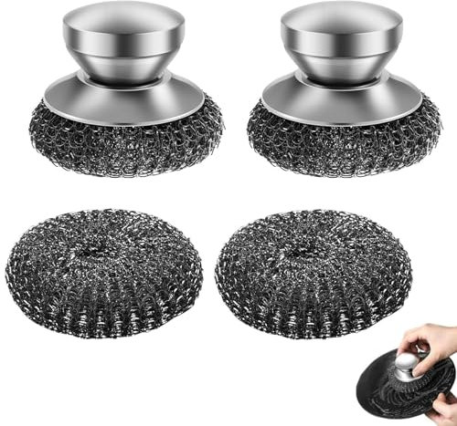 4 pcs Steel Wool Scrubber, Portable Scrubbing Brush with Handle, Detachable Heavy Duty Dish Brush Pot Scrubber, Stainless Steel Pan Cleaner Perfect for Cleaning Dishes Stockpots Pans Grills and Grills