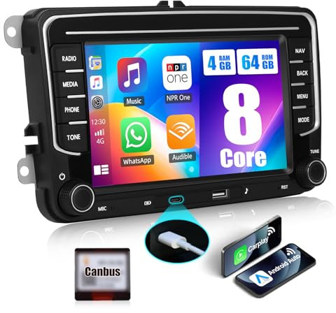 4+64G CAMECHO Android 13 Autoradio pour VW Golf 5 6 Tou-ran Polo avec CarPlay Android Auto Mirrorlink, 7 Pollici Navigateur à Écran Tactile WiFi Bluetooth 5.0 FM/RDS 32EQ