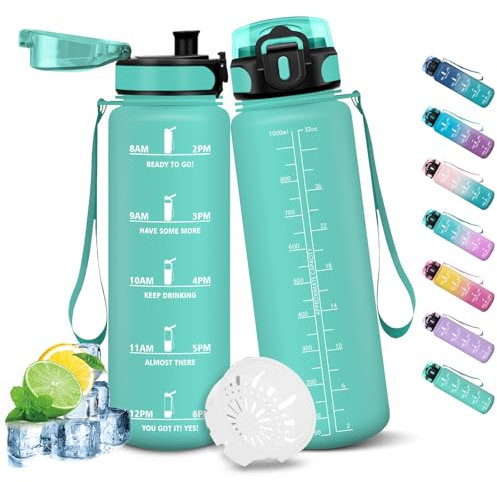 HoneyHolly Botella Agua 1 Litro, Libre de BPA & Prueba de Fugas, Botella de Agua, con Pajita, Botella Agua Gimnasio, con Marcador de Tiempo, Cantimplora para Sport, Bicicleta, Gimnasio, Escuela