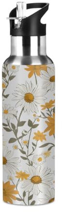 Mexpekil Bouteille d'eau isotherme en acier inoxydable avec paille étanche pour enfants et adultes - Motif marguerites jaunes et blanches - 600 ml