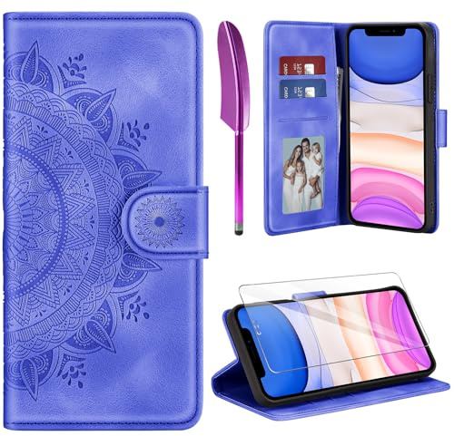 ivencase Lederhülle für iPhone 11 Hülle und Schutzfolie, Premium Klappbar Handyhülle Flip Wallet, [Kartenfach] [PU Leder] [Ständer] Schutzhülle Kompatibel mit iPhone 11, Lila