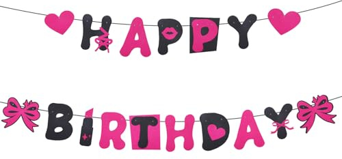 Glitzer Alles Gute zum Geburtstagsbanner, Schwarz & Knalliges Pink Geburtstagsdekorationen für Mädchen Vorgespannte Herzschleife Partyschild Aufhängen für Partyzubehör Mädchen Frauen