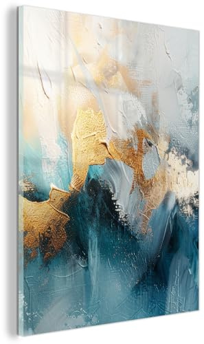 MuchoWow© Glasbild Wall Art Decoration Bilder für die Wand Schlafzimmer | 60x80 cm - Deko Canvas Painting Wanddekoration Wohnzimmer Abstrakt - Kunst - Gold - Blau