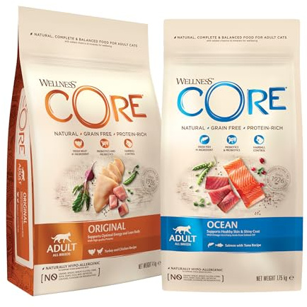 Wellness CORE Probierpaket, Katzenfutter trocken für ausgewachsene Katzen, Lachs & Thunfisch, Pute & Huhn, 2 x 1.75kg, ohne Zuckerzusatz, getreidefrei, mit hohem Fleischanteil