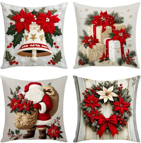 Weihnachten Kissenbezug 4er Set, Weihnachtskissenbezüge Leinen 45x45 cm, Winter Kissenhülle Kissenbezüge mit Weihnachtsmotiv, Schneeflocke Hirsch Xmas Zierkissenbezüge Cushion Covers Couch Zimmer (A)