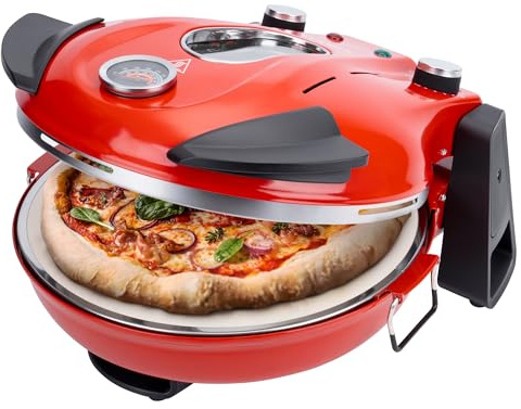 KLAMER Pizza Ofen mit abnehmbarem Keramik Pizzastein, für innen und draußen | Großes Sichtfenster, Cool Touch Griffe und ein integriertes Thermometer. Energieeffizienter als ein herkömmlicher Backofen