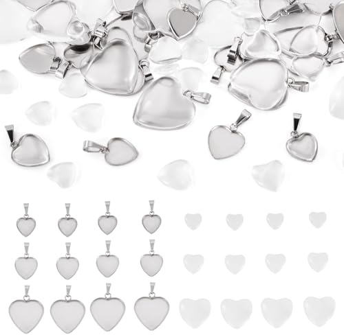 Spritewelry 30 bandejas colgantes de acero inoxidable con forma de corazón con cabujones de cristal para pendientes, collares, llaveros, joyería