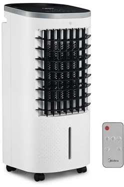 MIDEA Enfriador de Aire Portatil Grande, 3 en 1 con Tanque 5 L, Climatizador Evaporativo con 3 Velocidades, Temporizador 7h, Silencioso, LED, Ventilador Aire Frio con Acumuladores de hielo Extraíbles