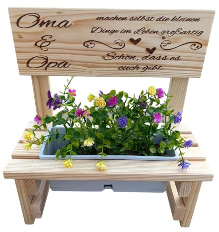 Blumenbank aus Holz mit Gravur,Dekorative Pflanzbank mit Blumenkasten,Geschenk für Mama,Oma,Gartenbank für Balkon&Terrasse, Outdoor Muttertag (Oma & Opa machen selbst die kleinen Dinge...)