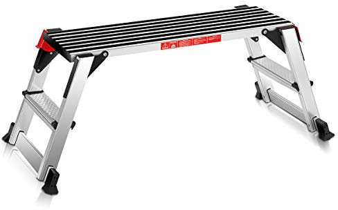 GOPLUS Plate-Forme de Travail Pliable en Aluminium, Marchepied, Escabeau, Echelle Multifonctionnel avec Verrous de Sécurité Surface Antidérapante, Atelier et Garage Capacité de 150 KG