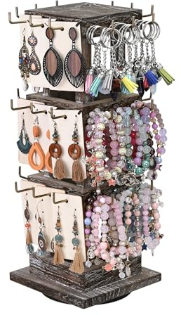Ikee Design Drehbarer Schmuckständer aus Holz, drehbarer Schlüsselanhängerständer, 36 Haken, drehende Halskette, Armband, Ohrringständer für Verkäufer, Kaffeefarbe