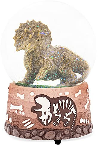 Elanze Designs Triceratops Fossilien Braun Paläontologe Knochen Graben Skelett Wissenschaft STEM Fußabdrücke Museum Tier 100 mm Musical Glitter Dinosaurier Schneekugel spielt Melodie Born Free
