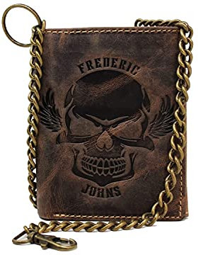 Frédéric&Johns ® - Portafoglio da uomo in vera pelle di vacchetta, con catena in metallo, porta carte e porta monete, alta qualità (Castano)