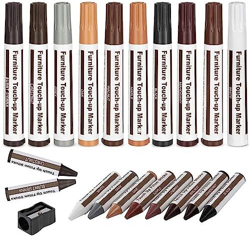 AMEEGO 21 PCS Furniture Repair Kit, Furniture Repair Markers and Wax Sticks, Furniture Repair Pens for Stains, Scratches, Wood Touch Up Markers and Sticks Kit, Filler Sticks for Deep Scratches