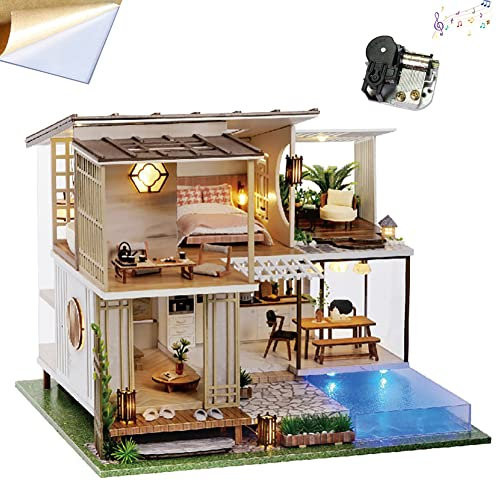 Maison de poupée miniature en bois de style chinois - Villa à 2 étages avec piscine de jardin - Échelle 1:24 - Maison de jouets assemblée pour enfants et amis