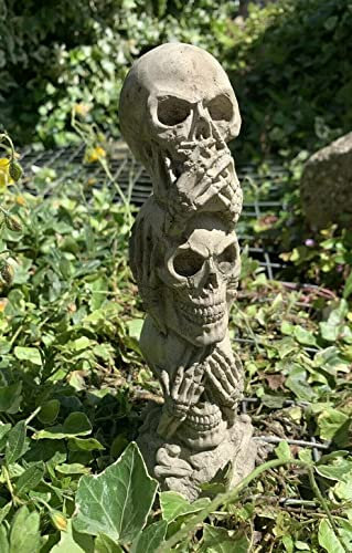 J and L Stone Ornaments Stone Garden Small Skull Tower Stack See, Hear, Speak No Evil Concrete Ornament