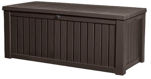 Keter Rockwood - Cassapanca per esterni, capacità 570 l, resina, colore marrone, ordinazione giardino e terrazza, 155 x 72,4 x 64,4 cm