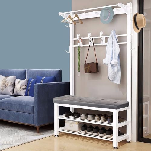 WPPTNSFY Metal Coat Rack with Shoe Bench and Hook, Multifunctional Entry Bench with Coat Rack, Easy to Assemble for Living Room, Hallway 80/100 * 33 * 172CM